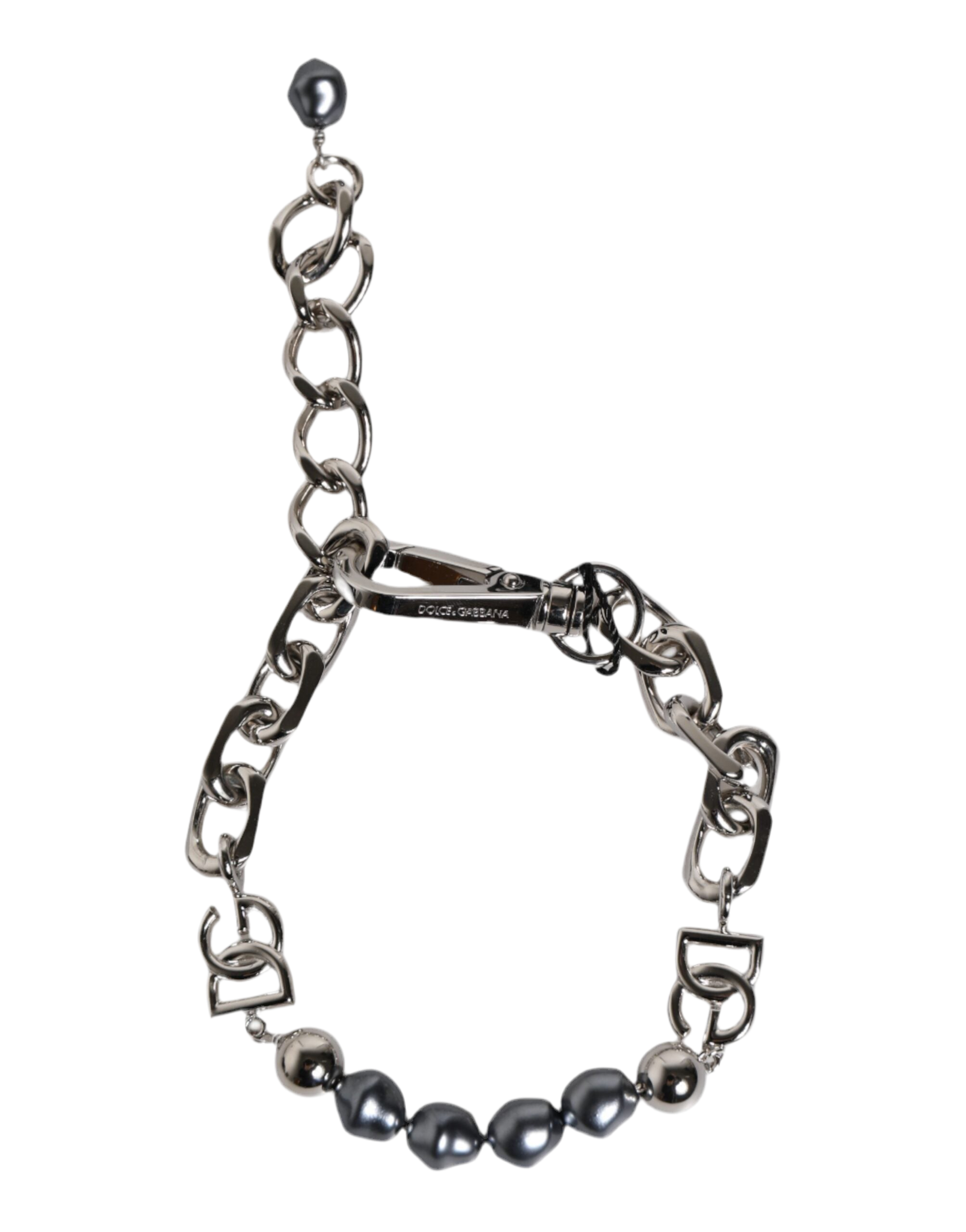 Dolce & Gabbana Silver Tone Chain Lobster Clasp Logo Gray Pearls Bracelet