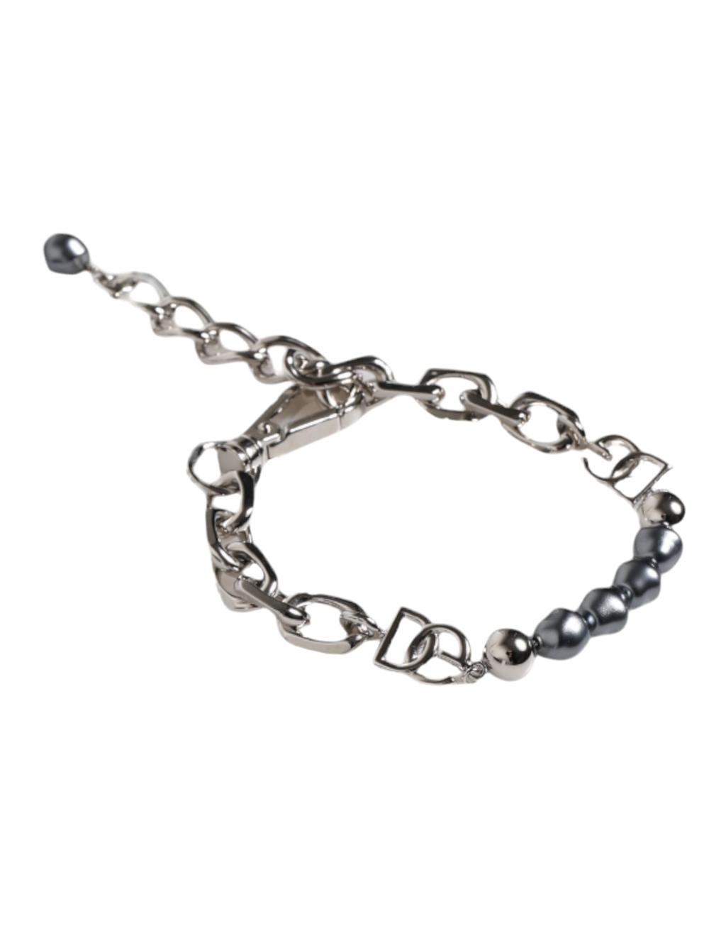 Dolce & Gabbana Silver Tone Chain Lobster Clasp Logo Gray Pearls Bracelet