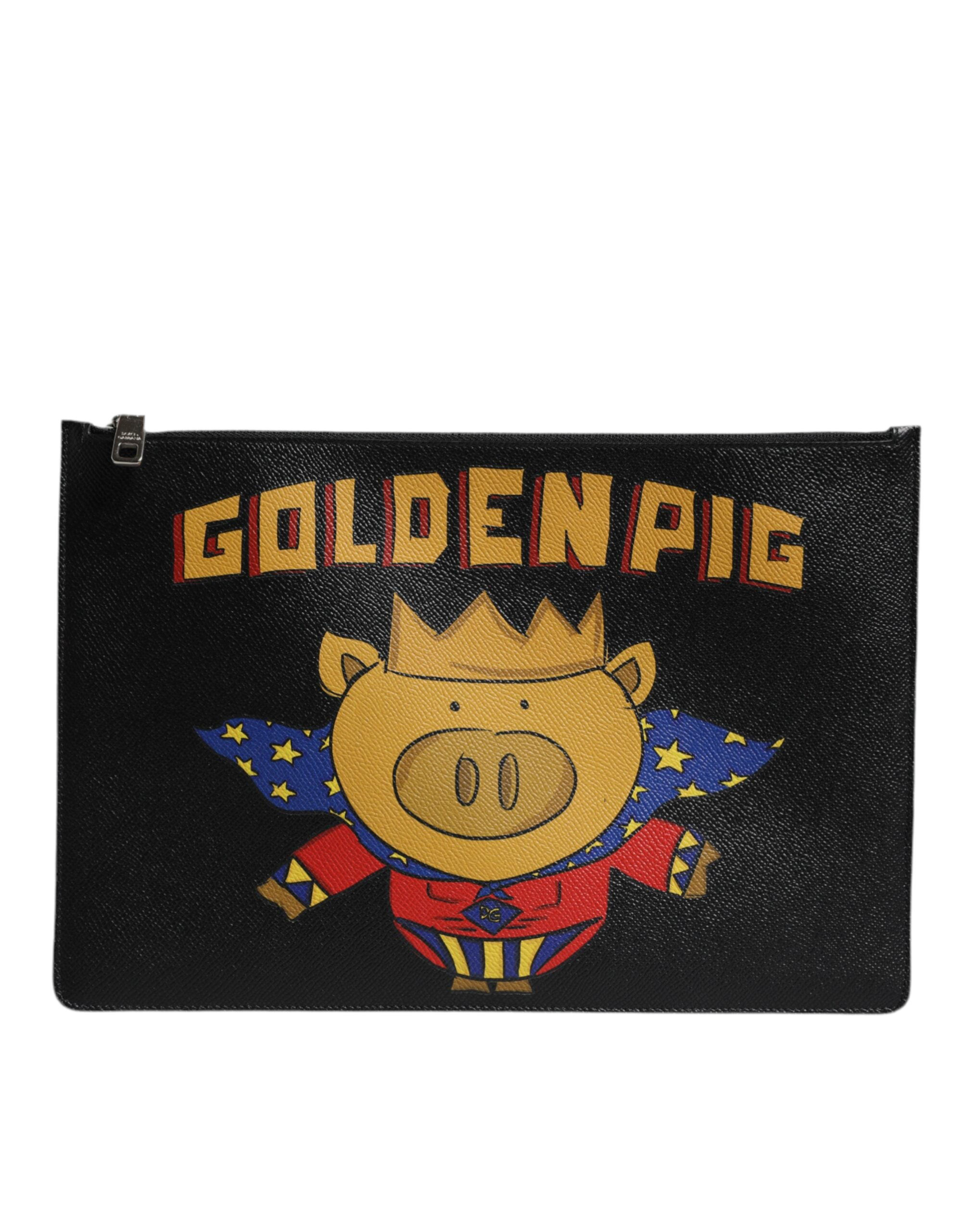 Dolce & Gabbana Black Leather Golden Pig Print Men Clutch Pouch Borse Bag