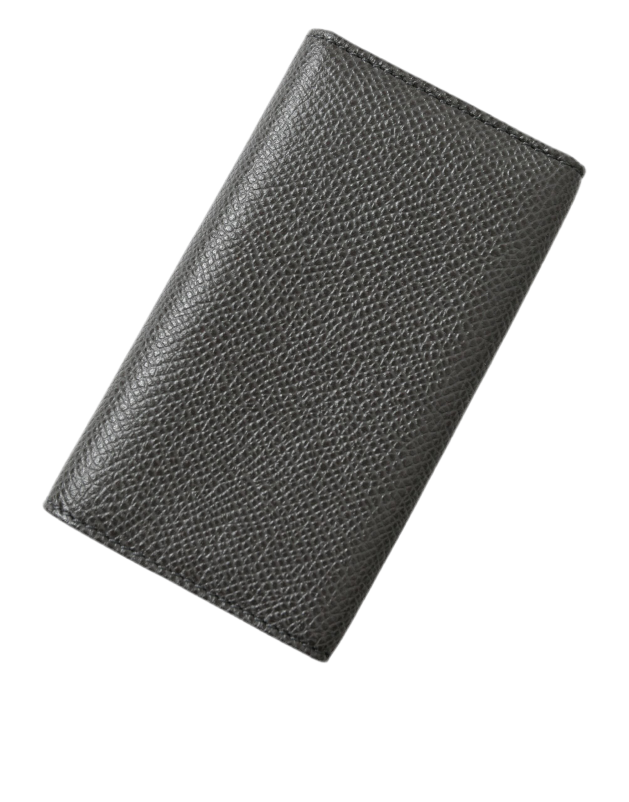 Dolce & Gabbana Gray Leather Silver Metal Logo Plaque Trifold Keyring