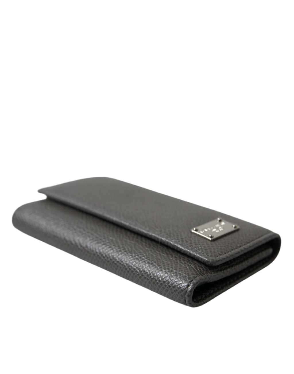 Dolce & Gabbana Gray Leather Silver Metal Logo Plaque Trifold Keyring