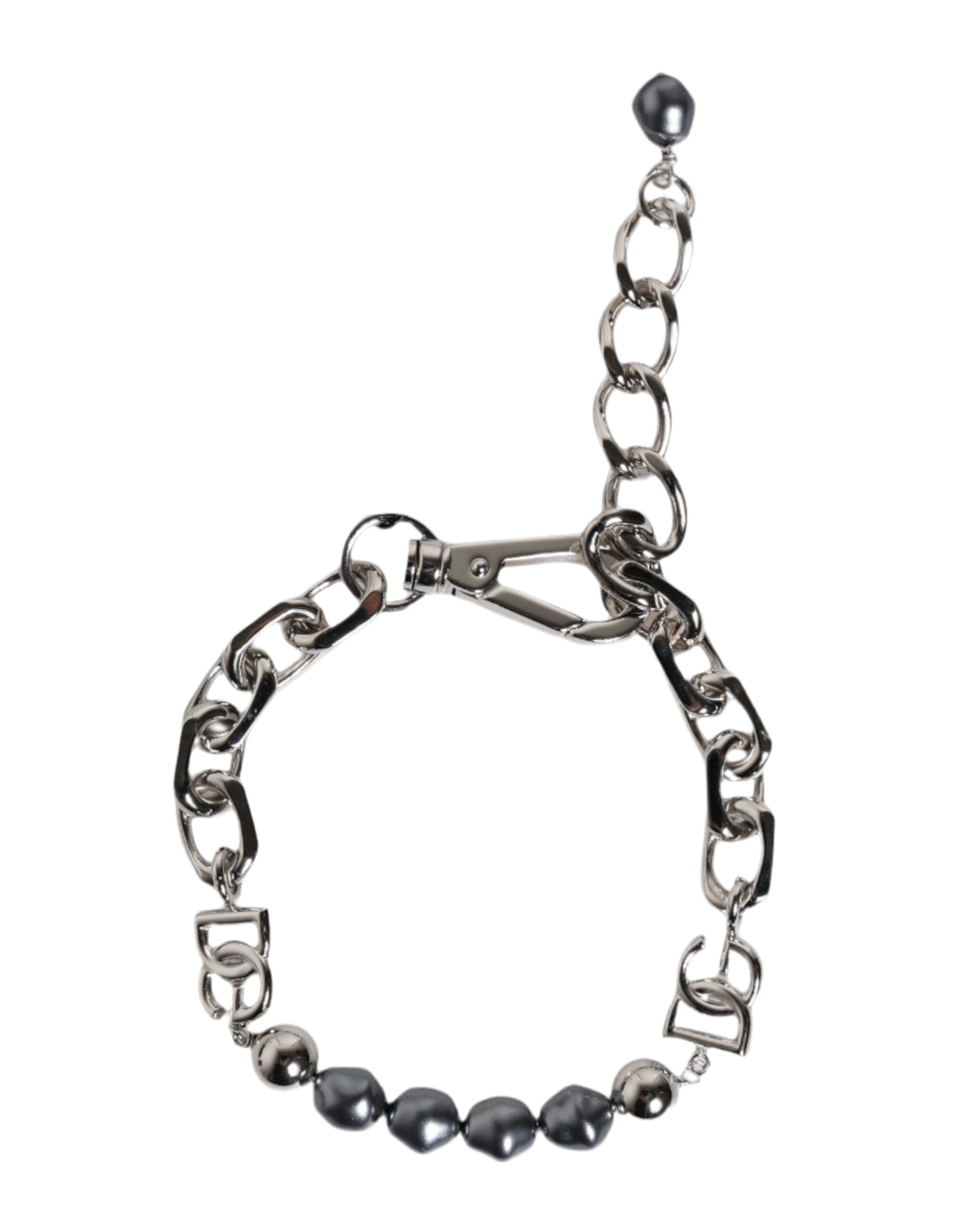 Dolce & Gabbana Silver Tone Chain Lobster Clasp Logo Gray Pearls Bracelet