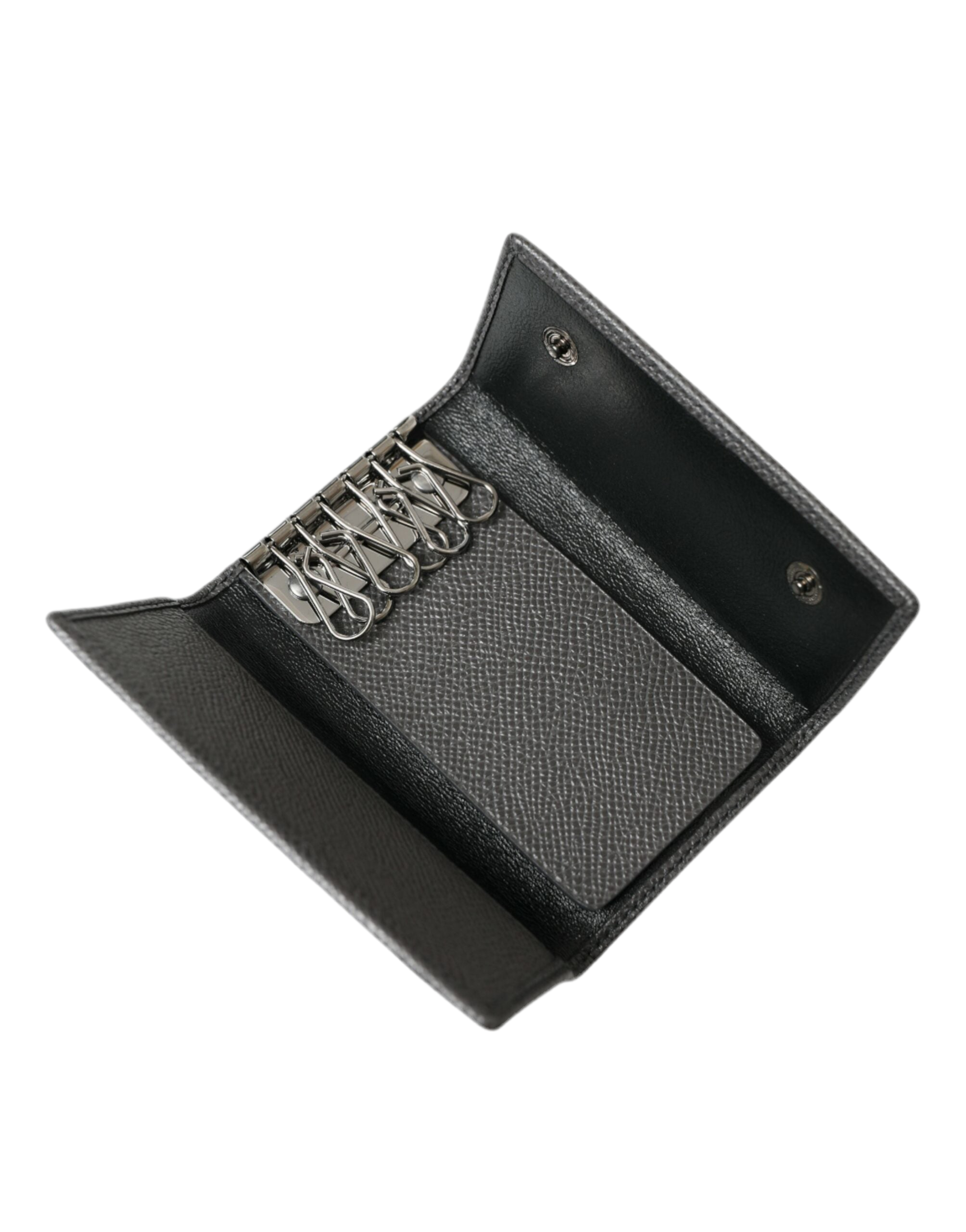 Dolce & Gabbana Gray Leather Silver Metal Logo Plaque Trifold Keyring