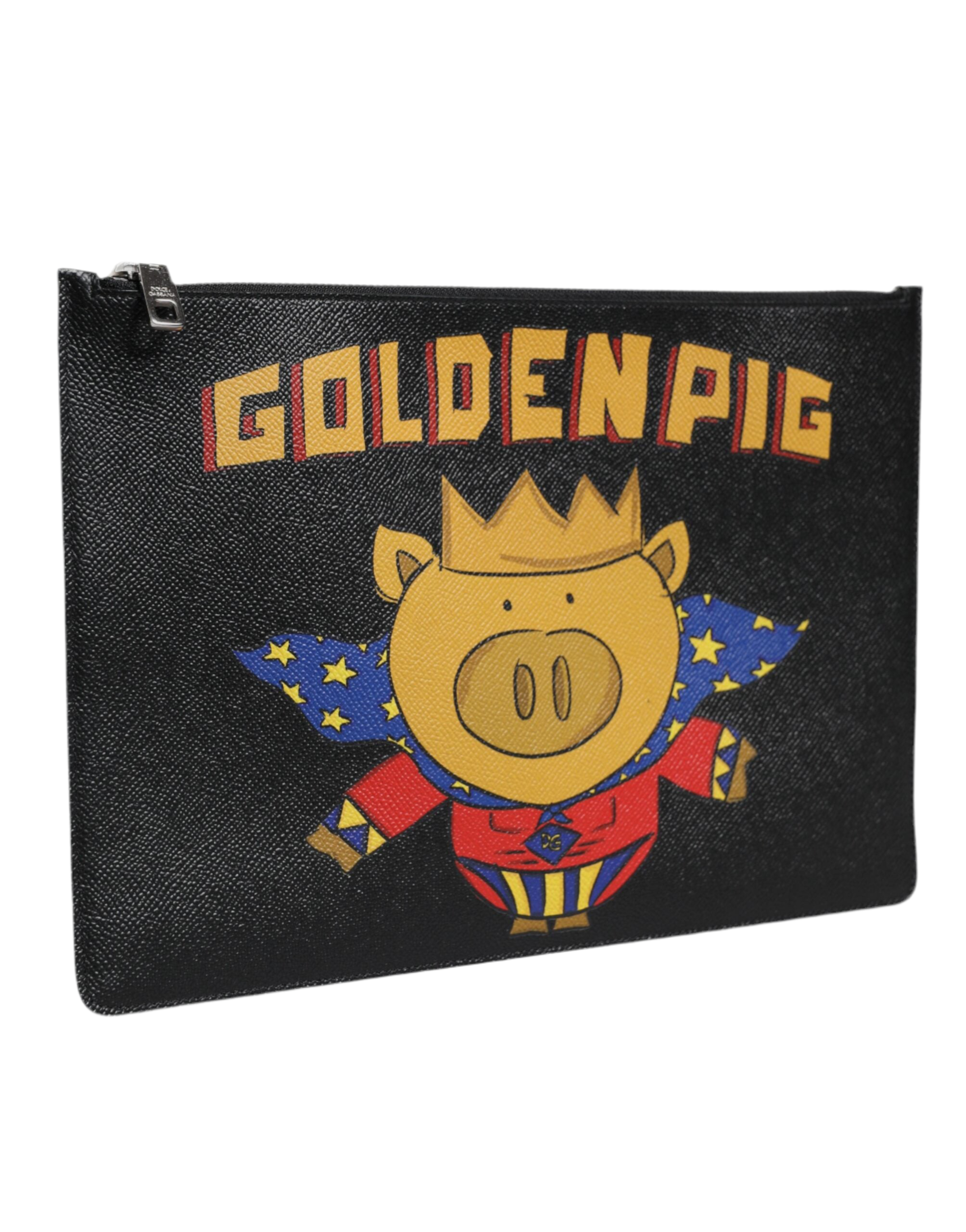 Dolce & Gabbana Black Leather Golden Pig Print Men Clutch Pouch Borse Bag