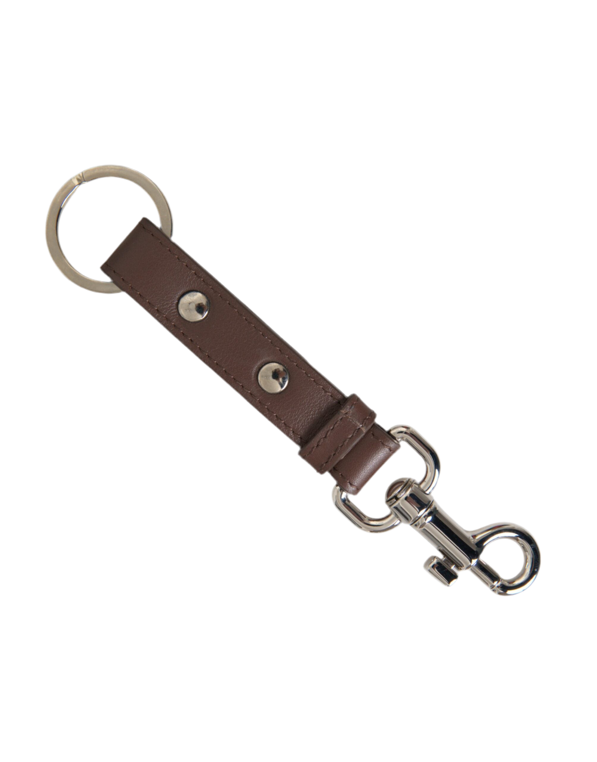 Dolce & Gabbana Brown Plain Leather Silver Brass Keyring Holder Keychain