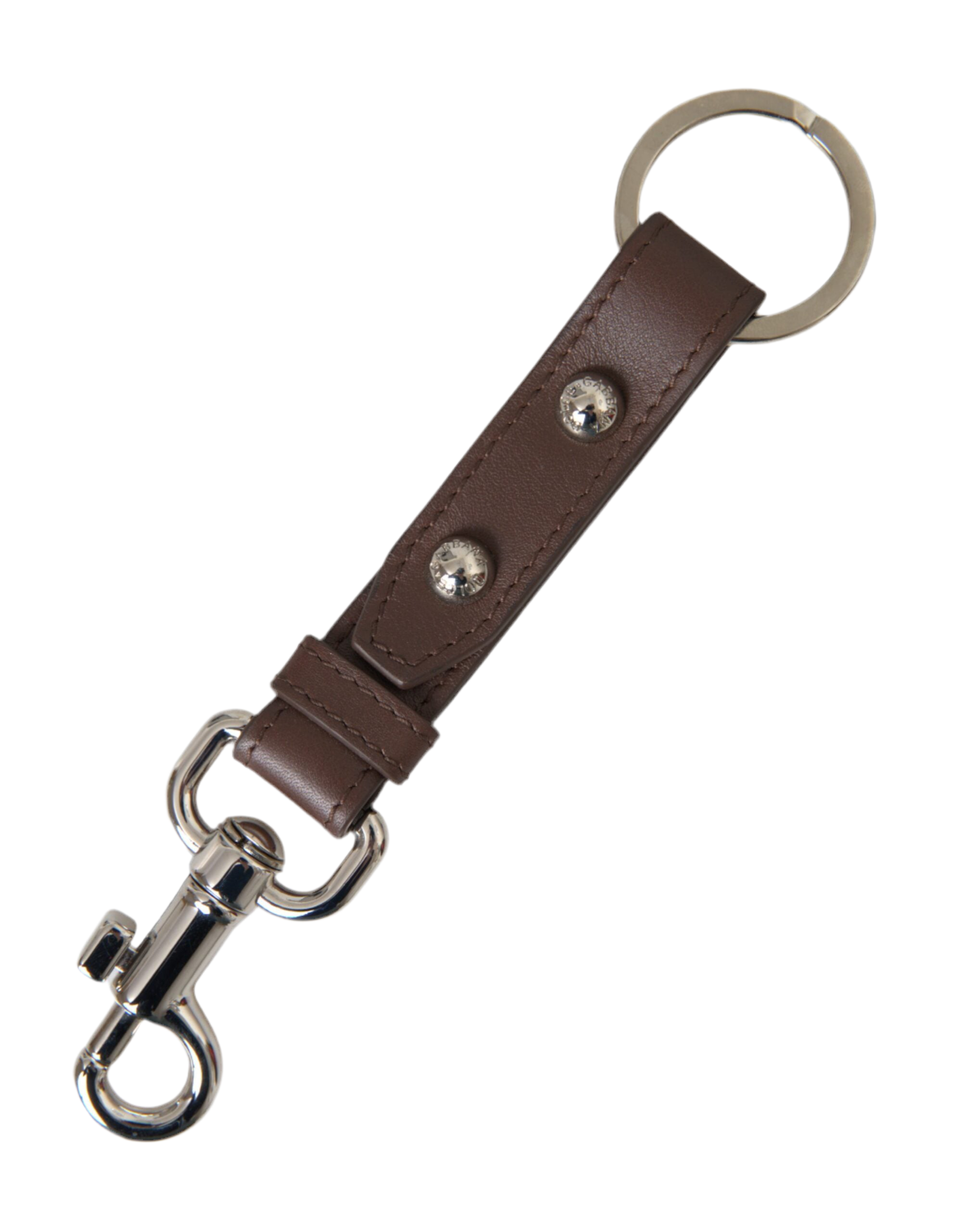 Dolce & Gabbana Brown Plain Leather Silver Brass Keyring Holder Keychain